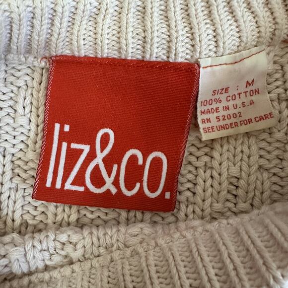 VTG Sweater M Cream Cotton Fisherman Pullover Cable Knit Crew Chunky Oversized - Picture 3 of 7